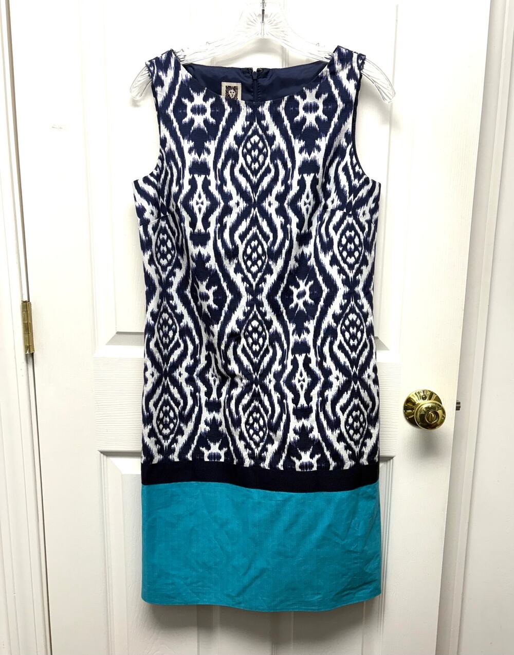 Anne Klein Dress Blue Pattern Sleeveless Shift Cotton Lined Women’s Size 4